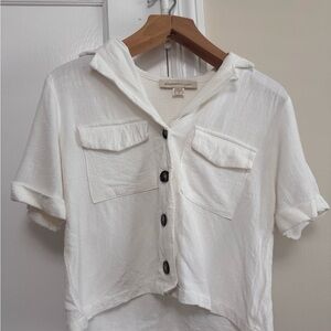 White Linen Button-Up Cropped Shirt